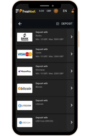 Deposit options screen Fresh-Bet UK login