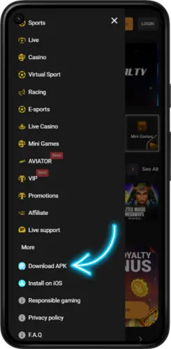 FreshBet Android sidebar with the Download APK button highlighted for installation