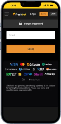 Forgot Password screen in the Fresh Bet app with email recovery form for UK players