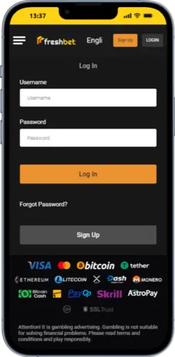 Fresh Bet app login page showing username and password fields with secure access options