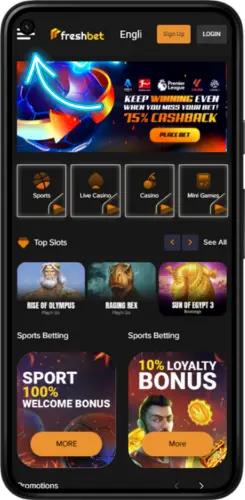 FreshBet app home screen on Android with casino, live games and promotions displayed