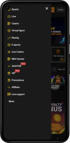 FreshBet mobile app main navigation menu displaying sports, casino and live sections