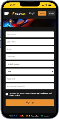 Fresh Bet mobile registration form with country, currency and optional promo code fields