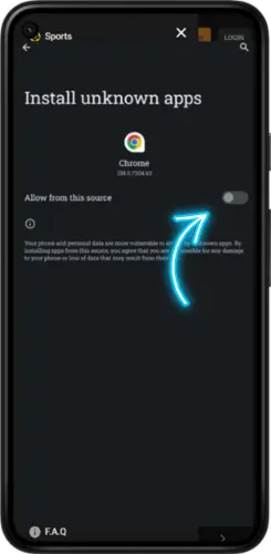 Android settings screen showing the option to allow installation from unknown sources for FreshBet APK
